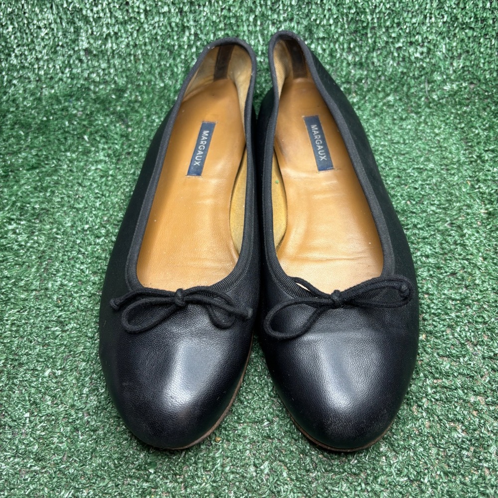 Margaux The Demi Leather Bow Classic Chic Ballet Flat Black Women Size 10.5 Wide